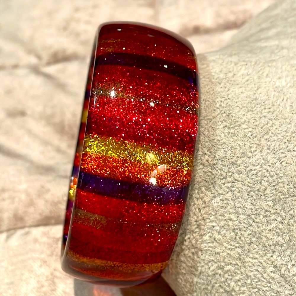 80’s Vintage Lucite Bold Red Yellow Orange Purple Striped Bracelet 7.5-8.5”